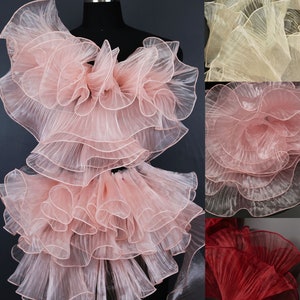 Blush Pink Organza Lotus Lace Trim,3D Sheer pleated Fold Ruffle Organza,Wedding,Gowns,Events,Decoration, Stiff shape and Texture fabric