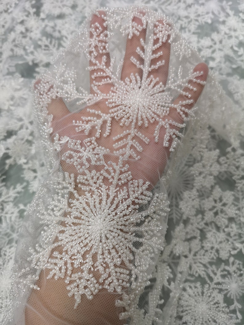 1Yard Snow Bead Lace Fabric,Super High Quality Off-White Snowflake Bead Lace,3D Flower Lace,Wedding Bridal Dress,French Lace,Bead Dress, 