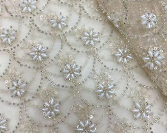 Off White Mermaid Flower Bead Lace Fabric,2Style Beads Embroidered in Mesh As Mermaid Scale,Beige Beads Lace for Bridal Prom Party Dress