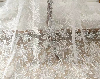 Flower Lace Fabric with Sequins,Guipure Lace,Off White Bridal Wedding Dress,Slight Stiff Embroidery Lace,Embroidery Vintage Lace Fabric