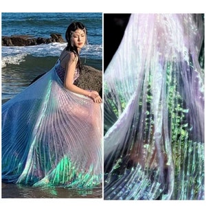 1Yard Iridescent White Holographic Fabric,Fold Magic Organza,Pleated Ruff Lace Fabric,Bridal Dress,Party Decor,Wholesale DIY Supplies,