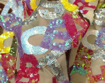 1Yard 4-Way Stretch Letter Sequin Fabric,High Quality Holographic Colorful Embroidery Mesh Fabric,Sequin Mesh Fabric,Sequin Dress,Prom Dress
