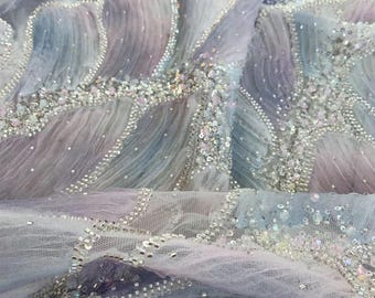3D Ombre Blue Sequin Bead Lace Fabric,Ribbon Embroidery Mermaid Pattern Gradient Rainbow Pearls Lace for Bridal Prom Party Dress,Girl Gown