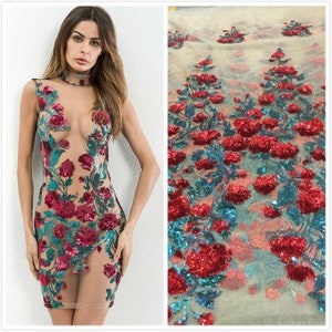 1 Yard Rose Sequin Dress Fabric,Embroidery Sequin dresses, Floral sequin Fabric,Sequin Lace Fabric, Floral Fabric,Wedding Dress, Prom Dress