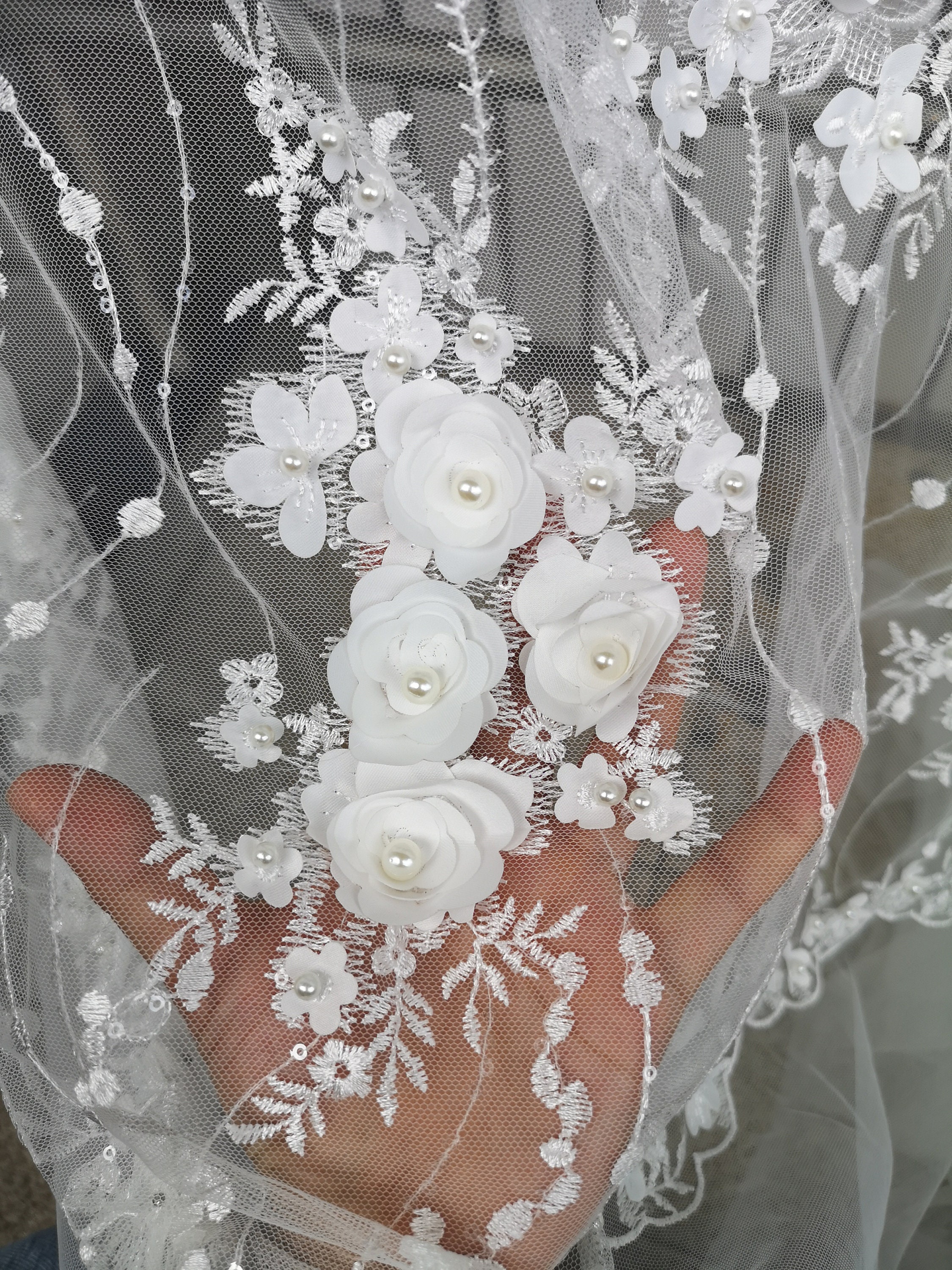 1 Yard 3D Flower Beaded Lace Fabric,white Pearl Wedding Dress Lace