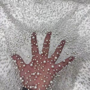 1Yard Off-White Super High Quality Fabric,Beaded Lace Fabric,4 Styles Pearls in Smooth Mesh,Bridal Veil Lace Wedding Dress,French Beads Lace