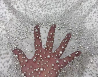 1 yarda de tela de color blanco roto de altísima calidad, tela de encaje con cuentas, 4 estilos de perlas en malla suave, velo de novia de encaje para vestido de novia, encaje de cuentas francesas