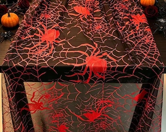 Halloween Tulle Fabric,Big Spider Stamping Print on Mesh for Halloween Costume Cap Cloak,Headband Veil,Runner,Halloween Decor