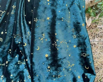 4Way Stretch Dark Green Starry Sky Galaxy Universe Velvet Fabric,Soft Smooth Silk Diamond Velvet with Gold Star Moon Meteor,Velvet Curtain