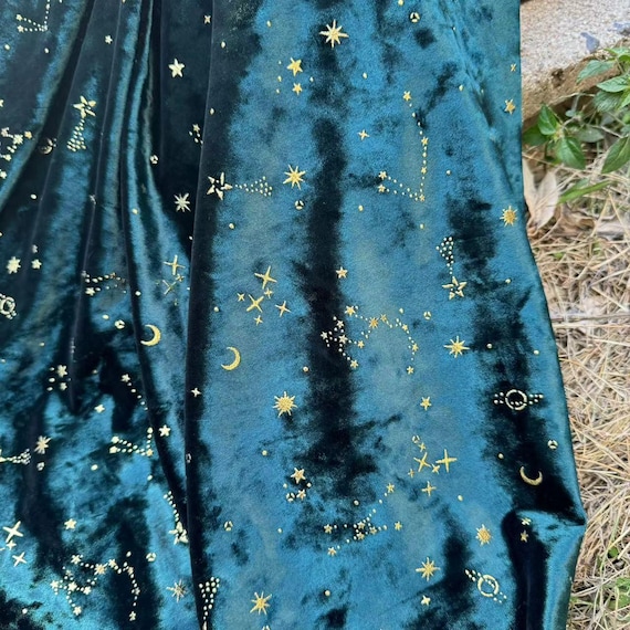 4Way Stretch Dark Green Starry Sky Galaxy Universe Velvet Fabric,Soft Smooth Silk Diamond Velvet with Gold Star Moon Meteor,Velvet Curtain