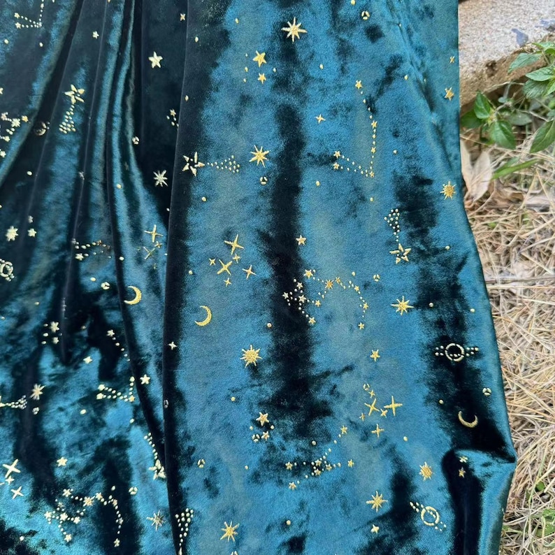 4Way Stretch Navy Starry Sky Velvet Fabric,Blue Soft Smooth Silk Diamond Velvet with Gold Star Moon Meteor,Velvet Pajamas,Jacket,Curtain 4#Meteor-Dark Green