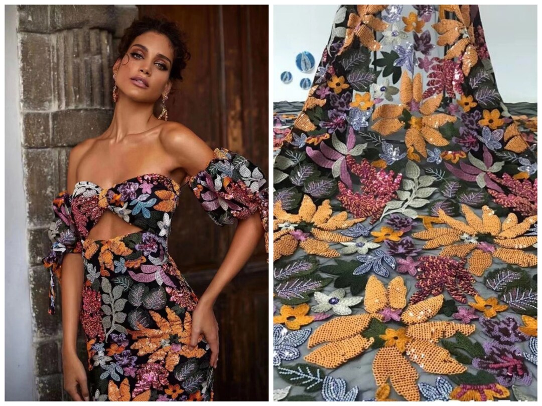 1 Yard Floral Sequin Sequin Dress Fabric,embroidery