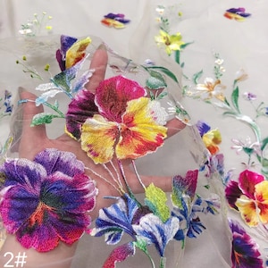1 werf bloemenkant, kleurrijke borduurtule, kant bruidsjurk, kant trouwjurk, kant vintage kleding, bruidssluier, bloemensluier