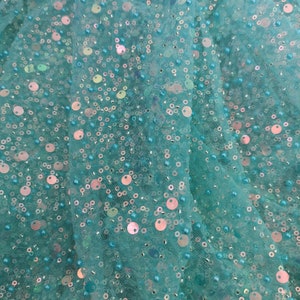 1Yard Mint Green Colorful Beads Sequin Lace Fabric,2Style Beads&2Style Sequins Bridal Dress Lace,French Iridescent Beads Lace Fabric,