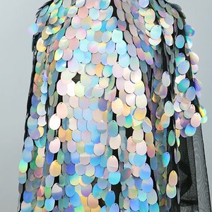 New!!1Yard Iridescent Silver Jumbo Sequin Fabric,Tear Drop Sequin Fabric,Mermaid Sequin Fabric,Kimono Dress,Holographic Sequin Mesh Fabric