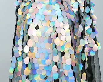 Nieuw!! 1 Yard iriserende zilveren jumbo pailletten stof, druppel pailletten stof, zeemeermin pailletten stof, kimonojurk, holografische pailletten mesh stof