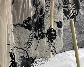 Black Flower Tulle Lace Fabric,Big Flower Embroidery on Beige Mesh,Prom Party Evening Floral Dress Lace,Veil Girl Dress Gown