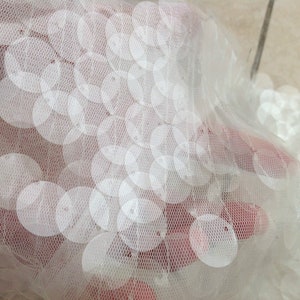 Puede incluir: Paillettes blancas sobre una tela de malla transparente. Las lentejuelas son redondas y tienen un brillo sutil.