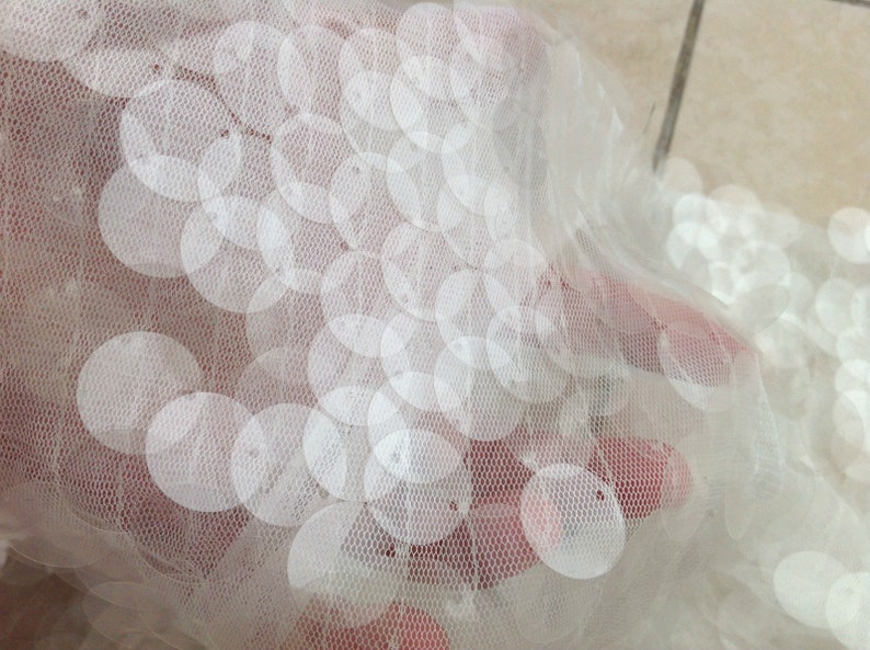 Puede incluir: Paillettes blancas sobre una tela de malla transparente. Las lentejuelas son redondas y tienen un brillo sutil.