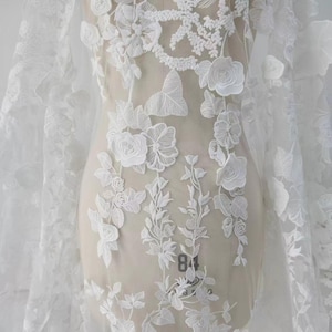Luxury3D Floral Lace Fabric,Off White Flower Dress,Embroidery Lace Fabric,Prom Dress Fabric,Wedding Bridal Dress,Bridal Gown Veil,Lace Dress