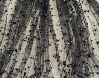 Tela de encaje con cuentas negras de altísima calidad (1 yarda), 4 estilos de perlas en malla súper suave, ideal para velo de novia, vestido de novia, vestido de fiesta y encaje de perlas.