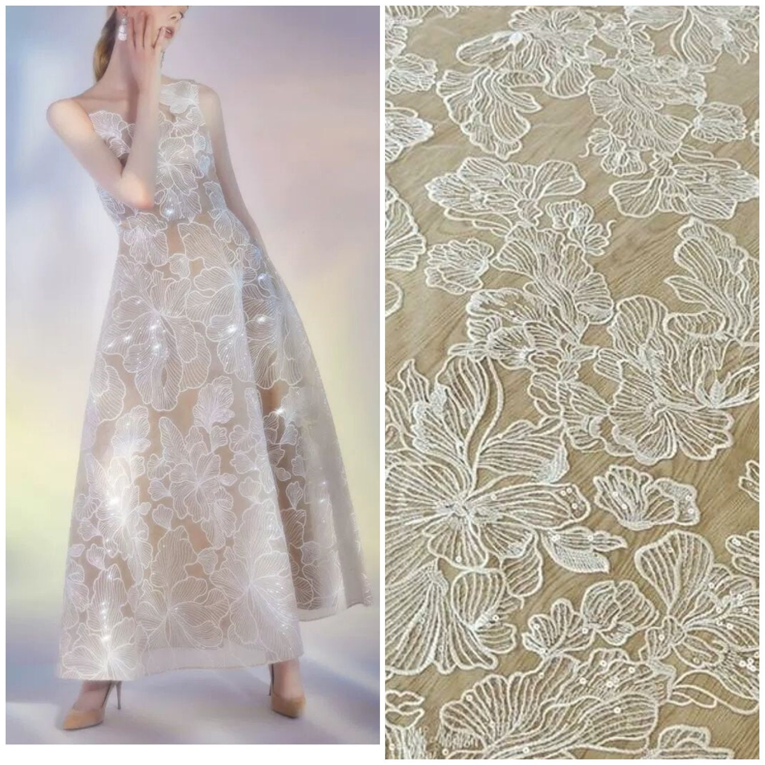 Buy White Ivory Lace Fabric, Guipure Lace Material, Wedding Dress Evening  Gown, Cotton Embroidery Alencon Tulle Flower Lace With Beaded Sequin Online  in India - Etsy