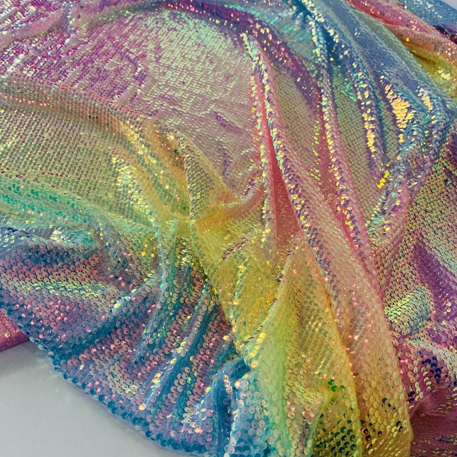 Partisout Sequin Fabric Mermaid Fabric 5mm Glitter Fabric 1 Yard Rainbow to  Silver Two Tone Sequin Fabric Sparkly Fabric by The Yard Mesh Fabric