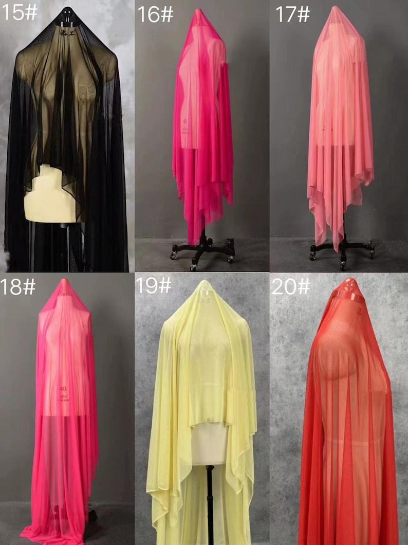 May include: Six different colors of sheer fabric draped over a mannequin. The colors are black, pink, light pink, hot pink, yellow, and red.