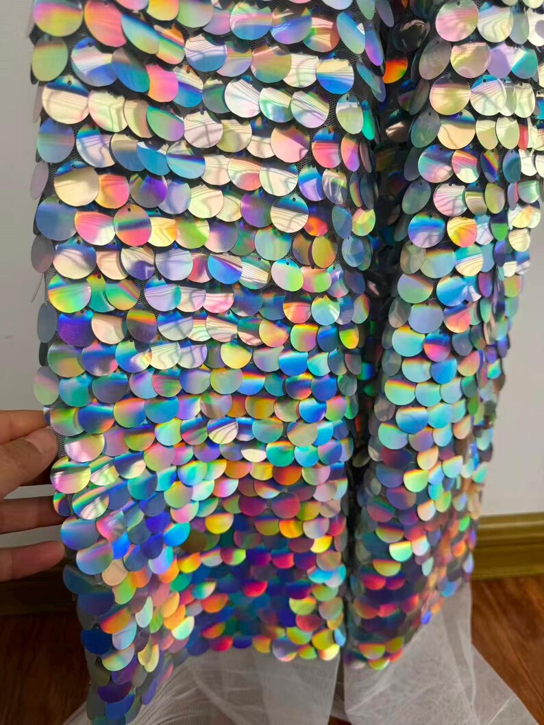 Tela de lentejuelas plateadas brillantes, tela de lentejuelas brillantes con gotas colgantes, tela de lentejuelas de sirena, fondo de lentejuelas, tela de espejo matelic 35#Irid Silver/White