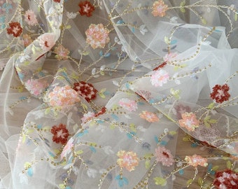 1Yards 3D Beads Sequin Floral Fabric,Colorful Flower Dress Fabric,Multicolor Embroidery Mesh Sequin Fabric,Prom Dress,Wedding Dress Lace