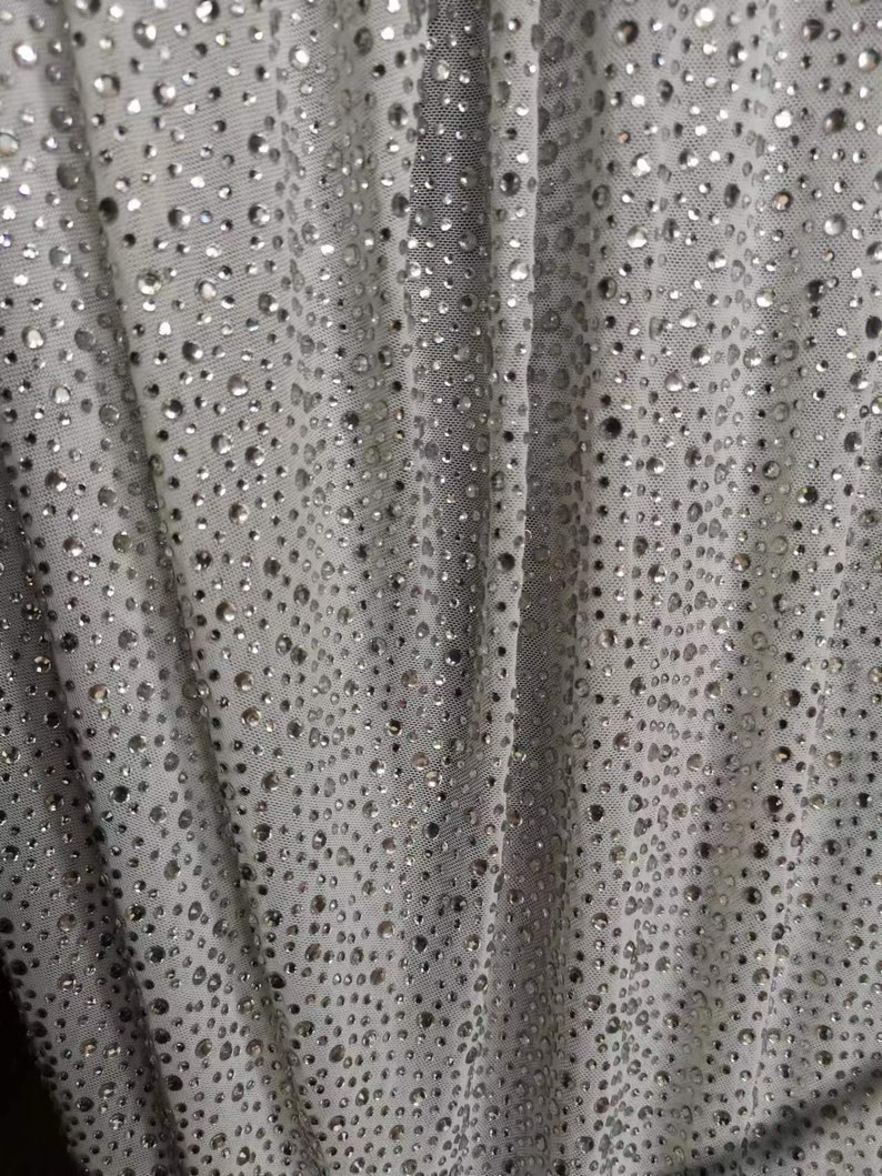 4Way Stretch Heavy Crystal Rhinestone Fabric,Crystal Silver Rhinestone Stick on Soft Tulle,Sparkle Bead Lace,Party Dress,Prom Party Dress image 5