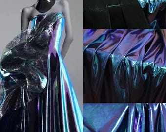 1Yard Iridescent Blue Purple Spandex Fabric,Mermaid 2Way Stretch Fabric,Rainbow Foil Print on Stretch Knit,Prom Party Stage Cosplay Dress