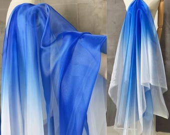 Royal Blue White Gradient Crystal Gauze Fabric,Ombre Dyeing Water Light Gauze,Curtain Party Home Decor Mesh
