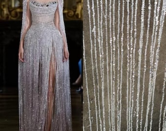 Crystal Off White Bead Sequins Fringe Lace Fabric,3D Hollow Out Tassel Lace for Wedding Bridal Fashion Show Girl Birthday Dress