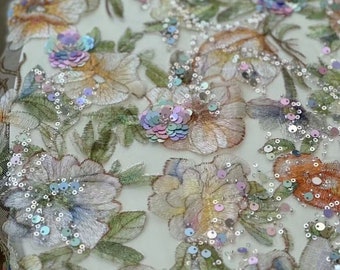 Colorful Flower Fabric,Heavy Bead Lace Fabric,Embroidery Mesh Sequin Fabric,Prom Dress ,Vintage Wedding Dress Sequin Lace