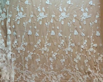 1 yarda de alta calidad tela de encaje de flores de rama blanca, encaje guipur, vestido de novia, encaje francés bordado, vestido de novia, tela de encaje vintage