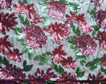 Tecido de lantejoulas com flores coloridas de 1 jarda, tecido bordado macio e suave com lantejoulas, vestido de renda com flores de lantejoulas vermelhas, vestido de baile para festa de casamento