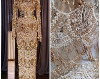 1Yard Gold  Fringe Sequin Fabric,Crochet Lace Dress Fabric,Tassel Fabric,3D Embroidery,Rose Gold Sequin Fabric,Prom Dress,Bridal Dress