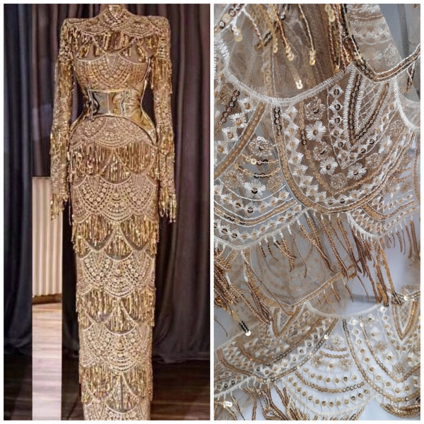 1Yard gouden franje pailletten stof, gehaakte kanten jurk stof, kwastje stof, 3D borduurwerk, Rose gouden pailletten stof, prom jurk, bruidsjurk