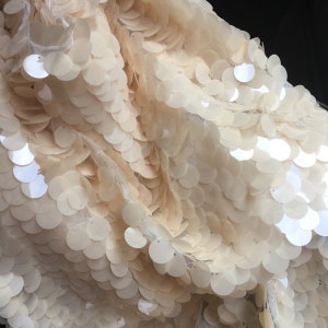 New1Yard Cream Color Sequin Fabric,Dangling Drop Sequin Fabric,Mermaid Sequin Fabric,Big Sequin on Mesh Fabric,Hout Couture Dress Fabric Cream