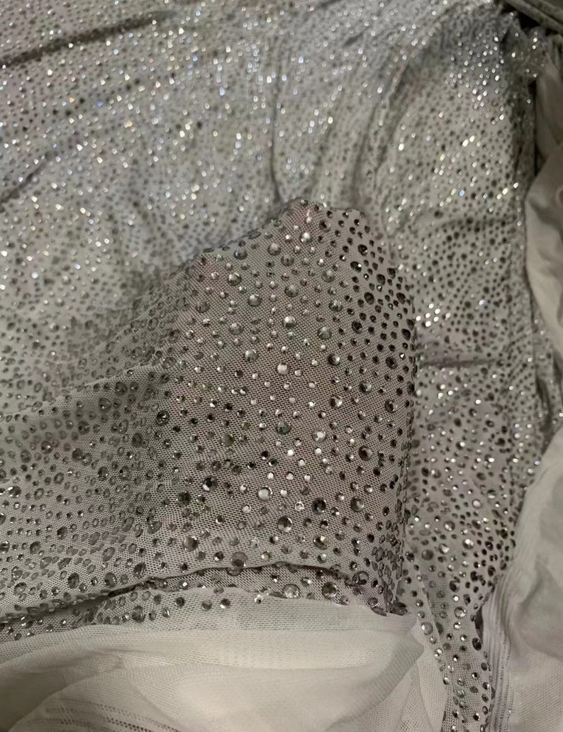 May include: Close-up of a silver fabric covered in numerous small, sparkling rhinestones. The fabric appears to be layered, with a sheer, white material visible underneath. The rhinestones catch the light, creating a shimmering effect.