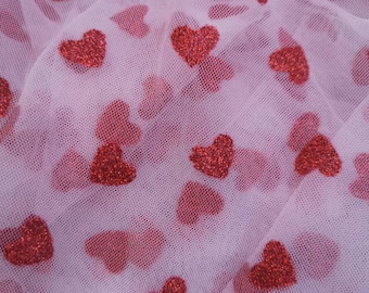 Red Heart Glitter Tulle Lace Fabric,Glitter Heart Print on Light Pink Tulle Fabric,Sweet Heart Fabric,Party Decor,Girl Dress,TuTu Dress,