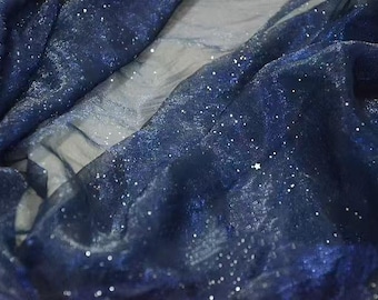 Star Glitter Organza Fabric,Silver Shimmering on Texture Gauze,Navy Meteor Starry Sky Galaxy Fabric For Prom Party Princess Dress Gown