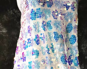 1Yard Iridescent Pink Sequin Fabric,Gorgeous Grape Pattern Design Dangling Drop Sequin,Prom Dress Fabric,Holographic Fabric