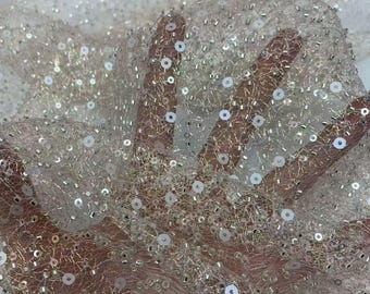 1Yard Hollow Out Bead Sequin Lace Fabric,Beads&2Styles Sequins In Gold Silver Threads Mesh,Bridal Wedding Dress Lace,French Lace Fabric