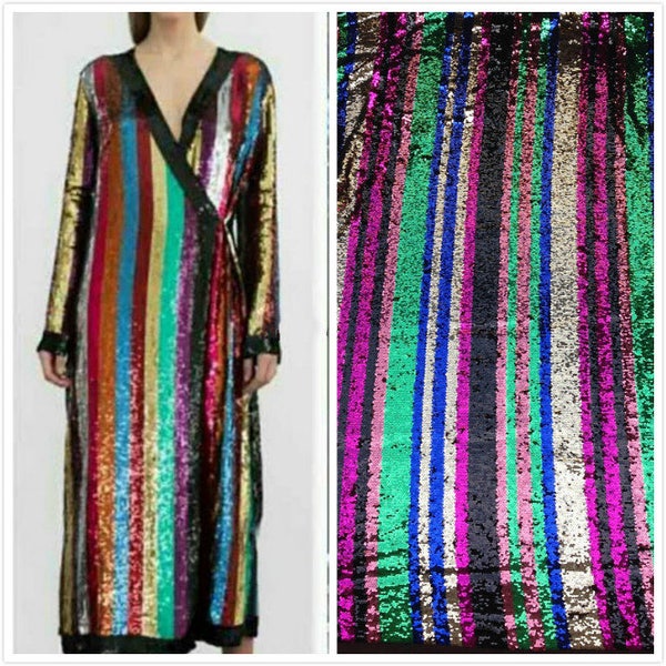 New!!1 Yard Multicolor Sequin Fabric,Stripe Sequin Dress Fabric,Mix-6 Colors Sequins Embroidery on Mesh,2-Tone Mermaid  Flip up Sequin