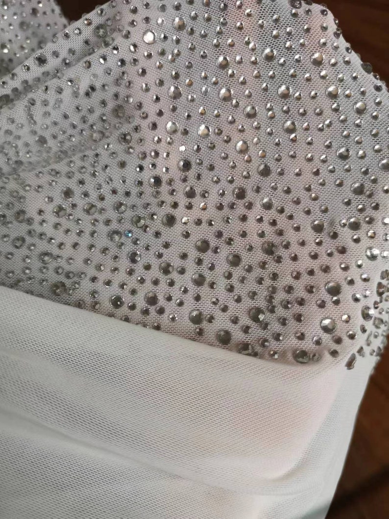 4Way Stretch Heavy Crystal Rhinestone Fabric,Crystal Silver Rhinestone Stick on Soft Tulle,Sparkle Bead Lace,Party Dress,Prom Party Dress image 9