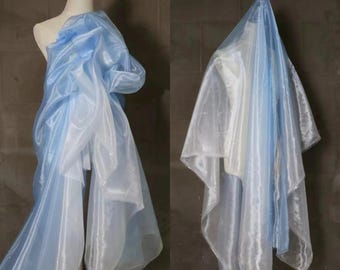 Light Blue Ombre Crystal Water Shiny Organza Fabric,Gradient Double Side Overstain Stiff Gauze Mesh Fabric for Prom Party Bridal Dress Gown