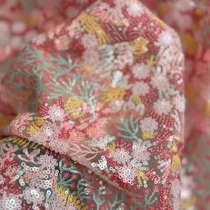 1Yard Pink Red Floral Sequin Lace Fabric,Mix Colors Flower Fabric,Colorful Embroidery Mesh Sequin Lace Fabric,Prom Bridal Party Girl Dress