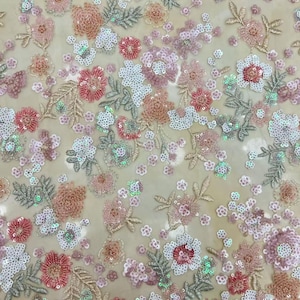 1Yard Floral Sequin Lace Fabric,Light Pink Mix Colors Flower Fabric,Colorful Embroidery Mesh Sequin Fabric,Prom Wedding Party Girl Dress